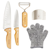 Kibbidea packaged kids knife set showing kit components and safe design benefits