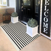 KILOCOCO front view of beige striped rug showing clean entry styling