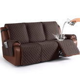 KinCam front view of chocolate 3-seater cover showing neat fit and protection