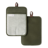 KitchenAid front view of pot holder two-pack showing deep forest green and vegan leather loops for easy storage