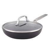 KitchenAid frying pan front packaging showing sleek black finish and lid benefit: easy identification