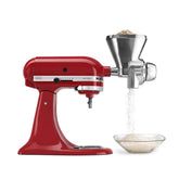 KitchenAid grain mill front view showing all-metal body and hopper, durable build advantage