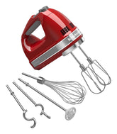 KitchenAid hand mixer front view in Empire Red showing controls and compact design for comfort