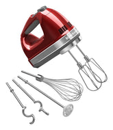 KitchenAid hand mixer front view showing controls and candy apple red finish for style