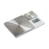 KitchenAid KQ909 front view showing white body and stainless platforms for durable weighing