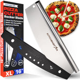 KitchenStar front view of 16-inch rocker showing full blade and handle for clean cuts