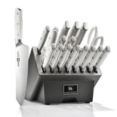 Klaus Meyer front view showing white block set and organized knives for tidy storage
