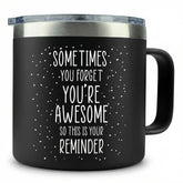 KLUBI front view of 14oz black mug showing bold message and gift appeal