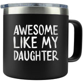 KLUBI front view of black 14oz tumbler showing engraved slogan and gift-ready look