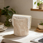 KLYROVA travertine holder front view showing elegant stone and tidy drying benefit