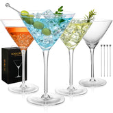 KMIGRUAN front view of four martini glasses set showing elegant packaging and complete set