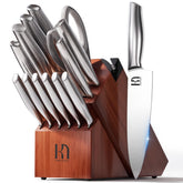 KnifeSaga angled wood block showing full 14-piece set and organized storage benefit