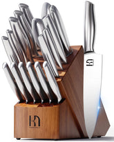 KnifeSaga front view showing acacia wood block and complete 17-piece set for organized storage