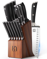 KnifeSaga front view of full 15-piece block set showing organized storage and polished blades