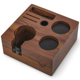 KNODOS walnut tamping station front view showing organized tools and warm finish