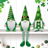 KnomeKo three gnomes front view showing festive green outfits and shamrock charm