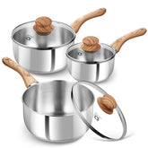 KOCH SYSTEME CS front view of 6-piece saucepan set showing lids and polished finish, durable design benefit