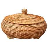 KODENG front view of round rattan box showcasing compact storage benefit