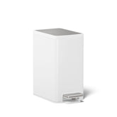 Kohler front view of white step trash can showing sleek design and compact footprint