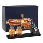 Kollea pistol-shaped decanter front view showing bold flag design and clarity