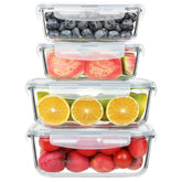 KOMUEE front packaging and contents showing four glass containers and lids for organized storage