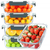 KOMUEE front view of five glass containers showing organized meal storage benefit