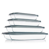 KOMUEE front view of the gray glass baking dish set showing complete kit and lids