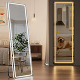 Koonmi front view full-length mirror showing sleek frame and bright LEDs for accurate dressing