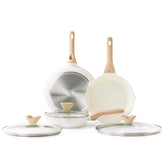 Kordisen front view of three pans with lid showing size range and versatility