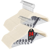 Korpai front view of 24-pack beige velvet hangers showing compact storage benefit