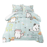 Kossmjx front view of comforter set showing blue cartoon cat pattern and neat finish