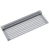 Kraus front view of light grey roll-up rack showing compact packaging and modern finish