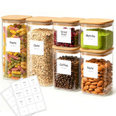 KTMAMA front view of six-piece glass canister set showing neat pantry organization and space savings
