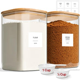 KTMAMA front view of two glass canisters showing capacity and labels for clear organization