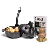 KUHA front view of cast iron garlic roaster showing compact shape and lid for even roasting
