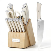 KUISINE front view of ivory knife set and compact block, saves countertop space