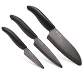 KYOCERA three-piece set front view showing all blades and handles, highlighting versatility