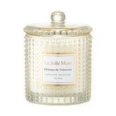 LA JOLIE MUSE front jar showing elegant hobnail and label, enhances decor