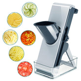 LaCyan mandoline front view showing compact blue design and stability benefits