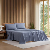 Lacoste flat sheet front view showing clean Vintage Indigo colour and benefit: polished look