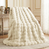 L'AGRATY almond white front view showing plush decorative throw and cozy look