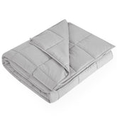 L'AGRATY front view of light grey queen blanket showing size and neat finish for easy styling