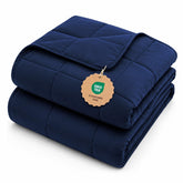 L'AGRATY front view of navy queen blanket showing clean finished edges and navy color advantage