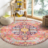 Lahome front view of round rug showing bohemian medallion and hot pink color for vibrant décor