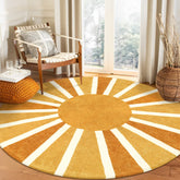Lahome boho round rug front view showing cheerful sunshine motif and warm feel