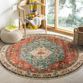 Lahome rug front view showing full rust and dull teal boho design and cozy look