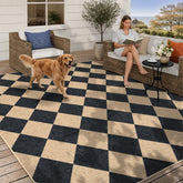 Lahome front view of checkered rug showing full pattern and charcoal tone benefit: versatile styling