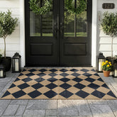 Lahome checkered rug front view showing charcoal natural pattern and farmhouse style benefit