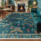 Lahome rug front view showing insect botanical pattern and rich dark green color for style