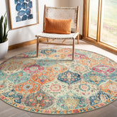 Lahome front view of round rug showing Moroccan medallion and warm tones for style